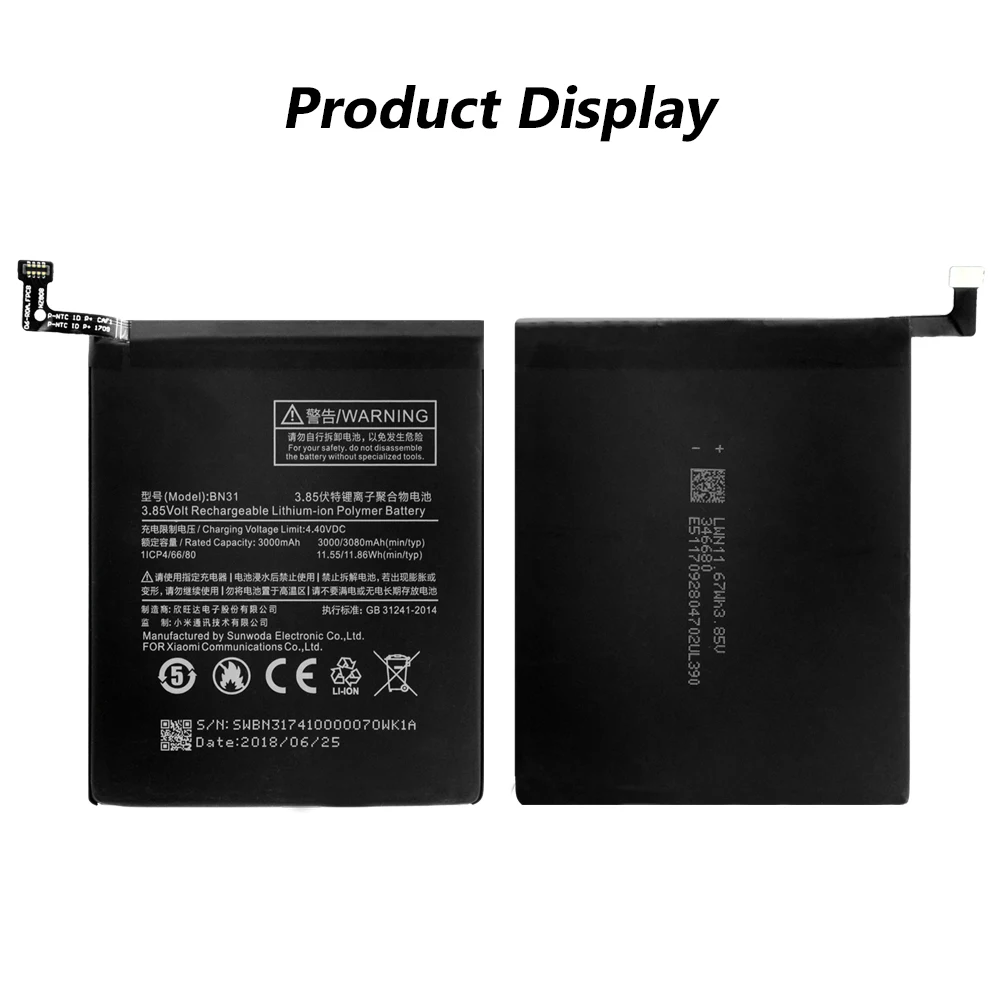 Литиевая аккумуляторная батарея BN31 BN 31 3 85 V 3080mAh запасная для Xiaomi Mi 5X A1 Redmi Note 5A Y1