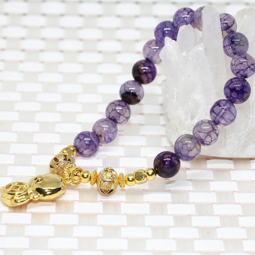 Bohemia style gold-plated monkey accessory natural purple 8mm popcorn agate round beads stone bracelet diy jewelry 7.5inch B2058 | Украшения