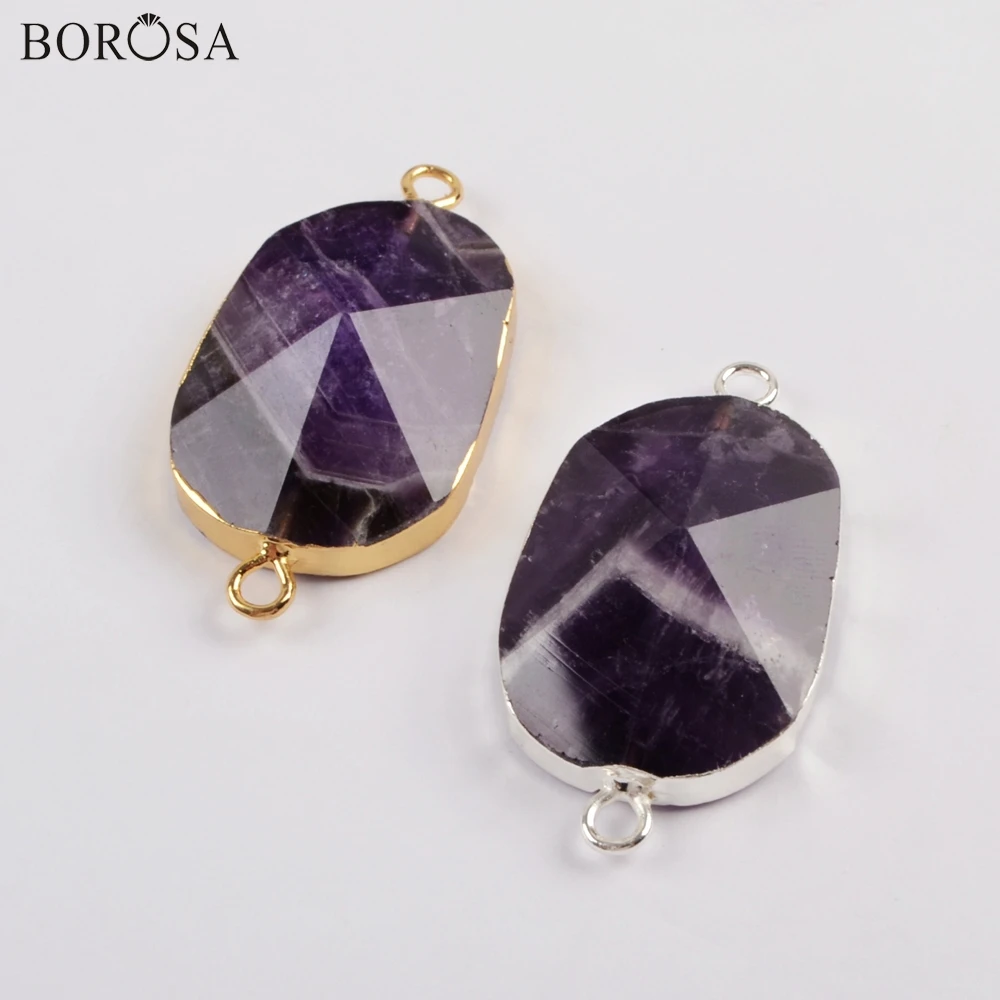 

BOROSA Amethysts Connectors 5PCS Gild Natural Stones Faceted Charms New Natural Purple Crystal Quartz Jewelry Findings G1815