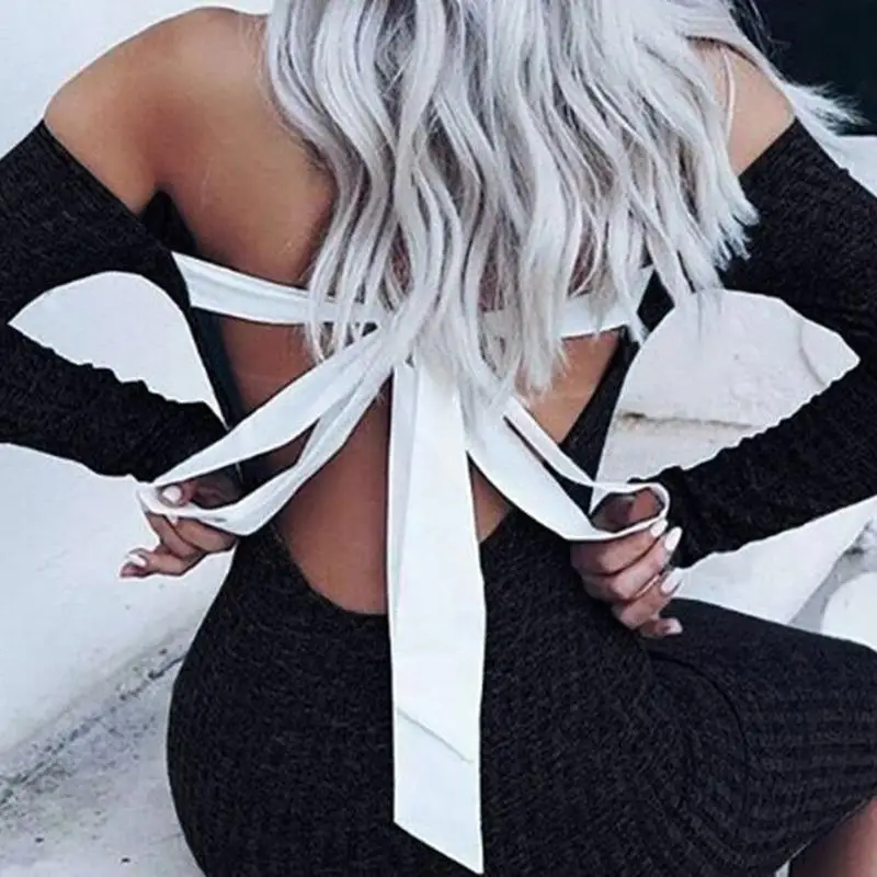 Женское трикотажное платье свитер с открытыми плечами и длинным рукавом|vestido