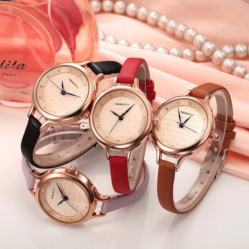 

REBIRTH Rose Gold Ladies Wristwatch Temperament Wilds Women PU Band Diamond Dial Quartz Watch Luxury Girls Bracelet Watches