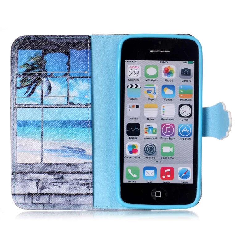 Красочным Узором Окна Закат Слот Для Карты Бумажник PU Кожа Стенд Флип Дело Чехол