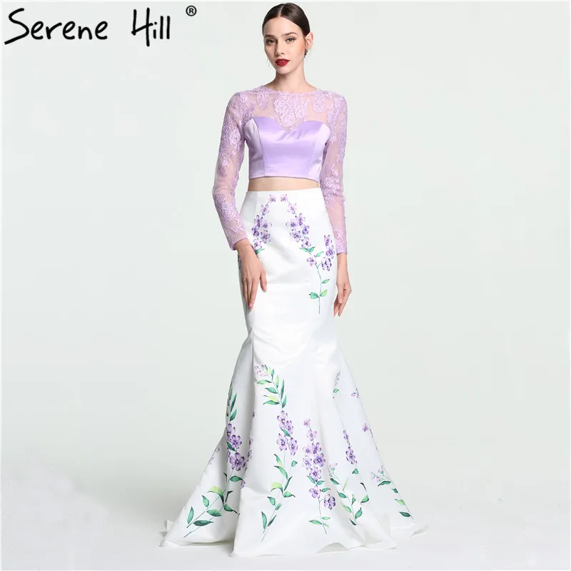 Two Pieces Sexy Printing Pattern Evening Dresses 2018 Long Sleeves Mermaid Satin Prom Dress Serene Hill LA6116 | Свадьбы и торжества