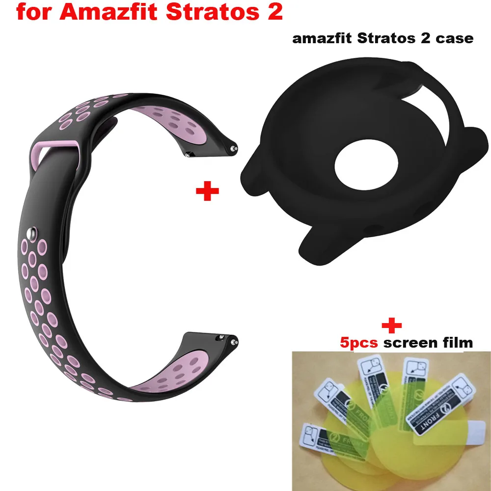 Black pink-black 7/лот Amazfit Stratos 2 ремешок 22 мм силиконовый браслет для Xiaomi Huami Amazfit Stratos 2 Watch Band защитные чехлы пленка для экрана - Цвет: Black pink-black