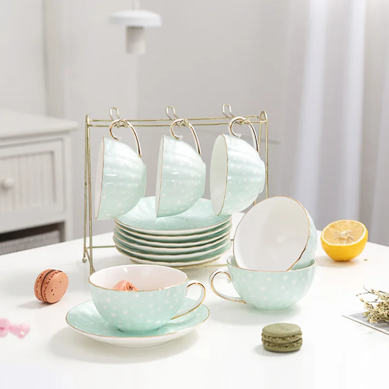 Green 6PCS WOURMTH 200 мл набор разноцветных чайных чашек в британском стиле, керамическая кофейная чашка и блюдце, высокое качество, костяной фарфор, чайный ресторанный набор, посуда для напитков - Цвет: Green 6PCS