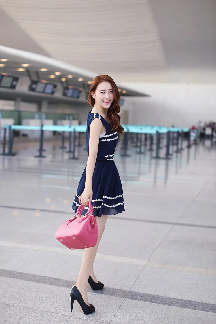 2014 new fashion EU chiffon stitching lace dress | Женская одежда