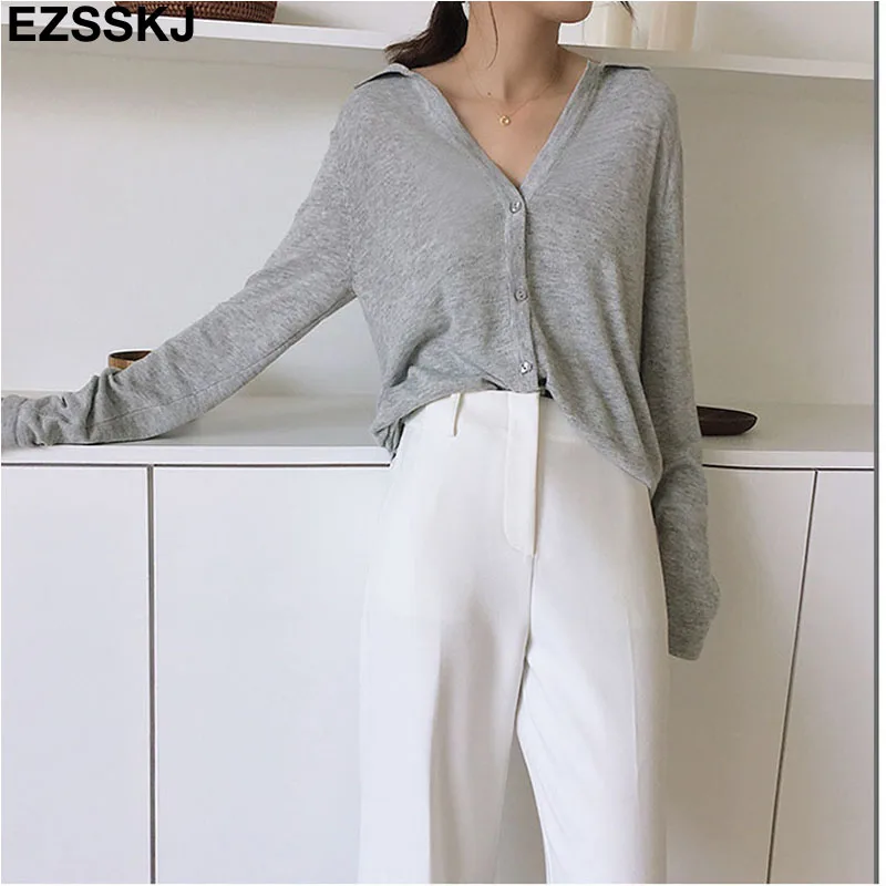 Повседневный женский свитер с отложным воротником вязаный кардиган длинным