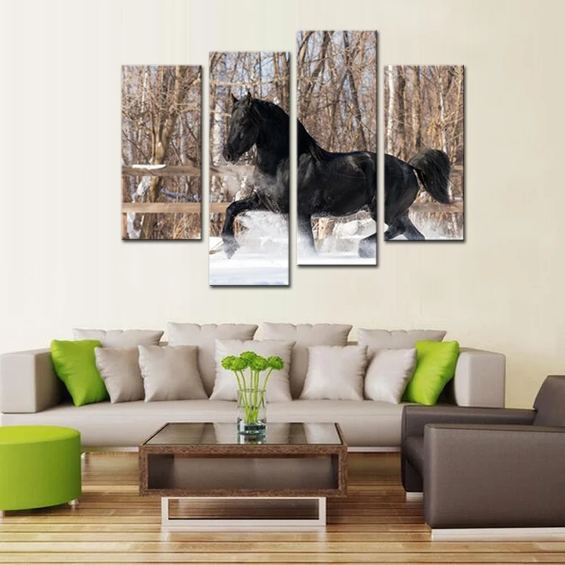 Modern Framework Picture 4 Pieces Black Horse Runs In The Snow Canvas Print Painting Wall Art For Livingroom Home Decor | Дом и сад