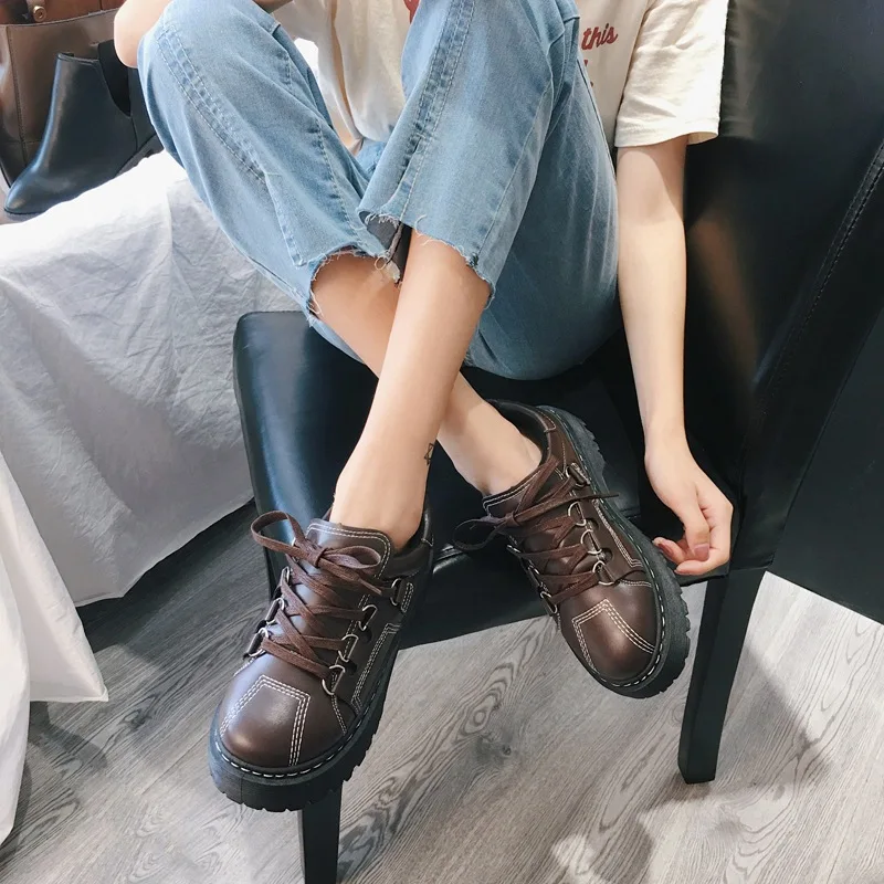 

New Fashion Woman Thick Platform Leather Shoes Female British Round Toe Lace Up Shoes Boots Harajuku Punk Footwear