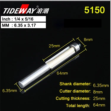 5150 Tideway 1/" 1/2" хвостовик заподлицо фрезы для дерева обрезные фрезы с подшипник, деревообрабатывающий инструмент Концевая фреза - Длина режущей кромки: 5150