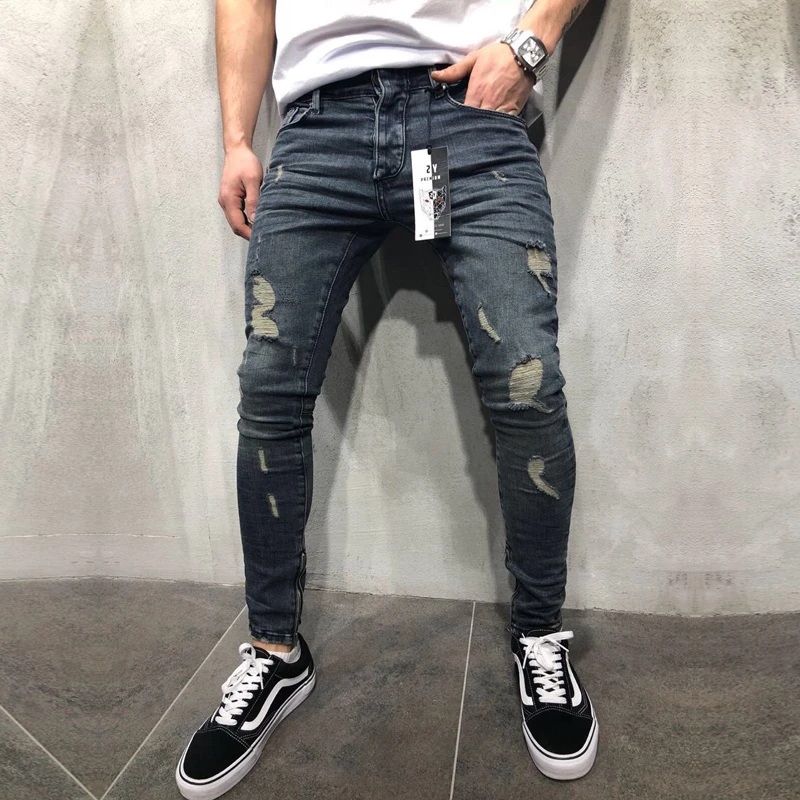 Mens Side Zipper Punk Biker Jeans Ripped Blue Skinny Slim Denim Distressed Washed Hip Hop Long Trousers Pants | Мужская одежда