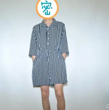 S-4XL NEW Summer Men's clothing personality Fashion Loose stripe tooling jumpsuit set Plus size male singer costumes thin | Мужская