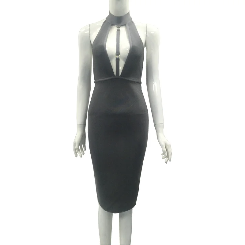 Для женщин летние пикантные Холтер по колено серый оранжевый Бандажное платье 2017