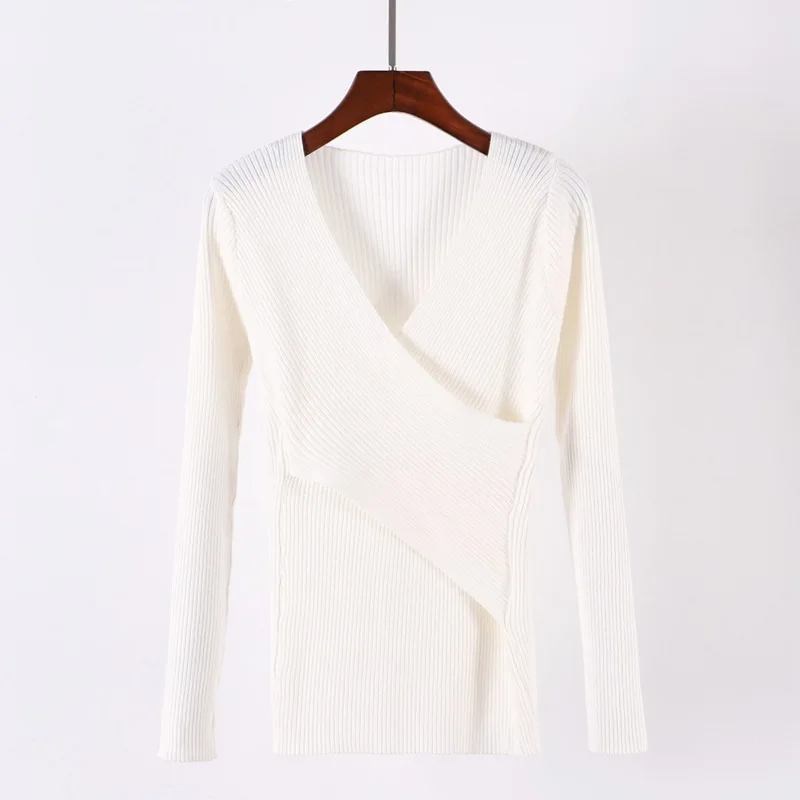White 1201 ONLYSVTER Sexy V Neck Wrap Women Pullover Sweaters Autumn Winter Long Sleeve Soft Casual Jumper Ribbed Knitted Pull Top Femme - Цвет: White 1201