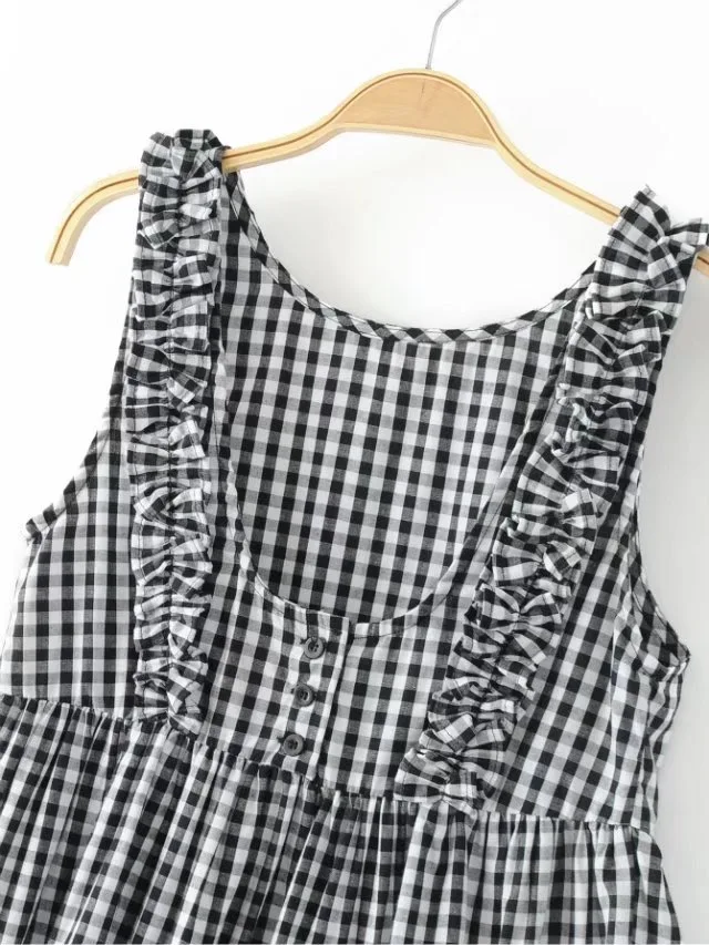 Женская блузка без рукавов VOGUEIN в клетку и клеточку с оборками Размер SML оптовая