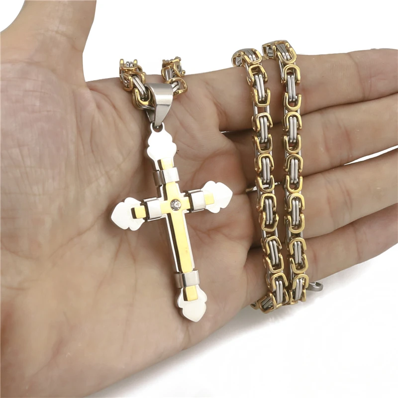 Elfasio Мужская цепочка из нержавеющей стали 2 слоя Рыцарский крест серебро золото