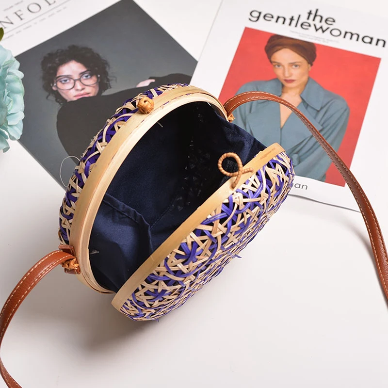 Новая круглая Соломенная пляжная сумка из ротанга женская с цветным узором через