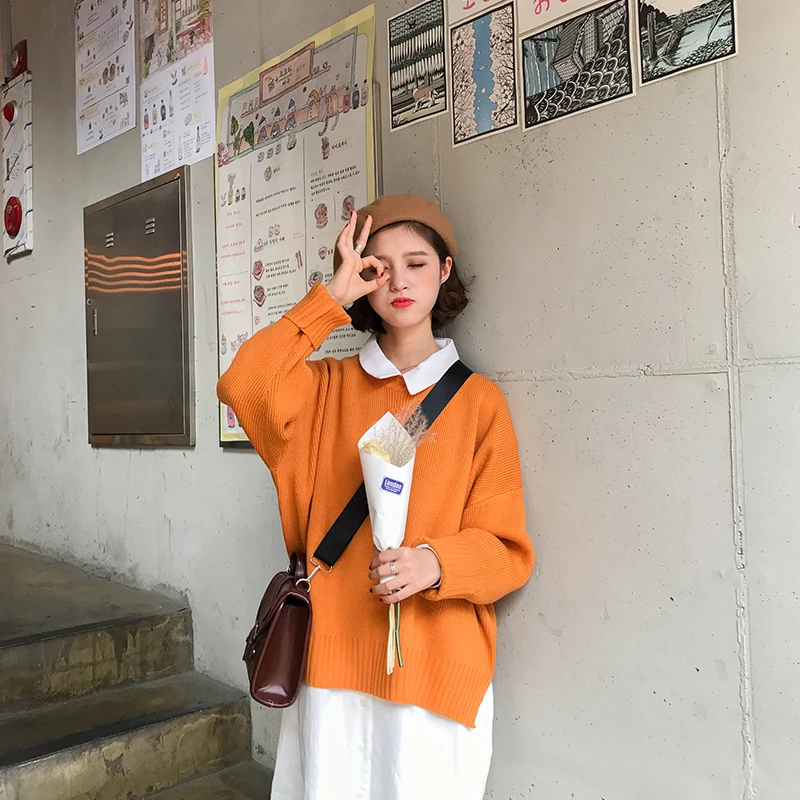 Свободные трикотажные пуловеры с разрезом по бокам женский свитер осень 2019