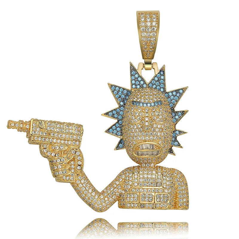 Хип хоп микро проложили AAA кубического циркония Bling Iced Out мультфильм характер кулоны с оружием ожерелье для мужчин рэппер ювелирные изделия золото серебро