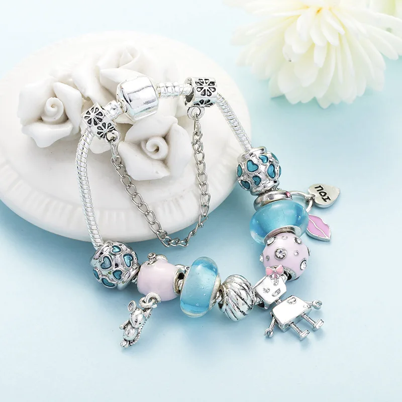 Kawaii bella bot robot pink heart beads оригинальные браслеты с сердечками очаровательные модные