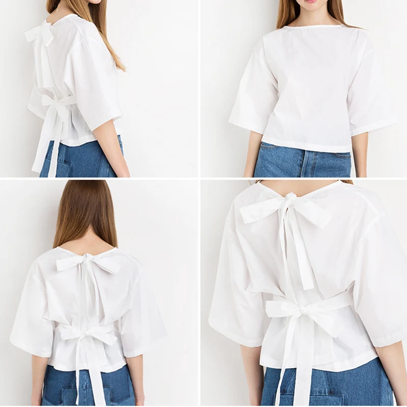 Новый Мода 2017 одноцветное Цвет с бантом сзади верхняя половина рукавом О