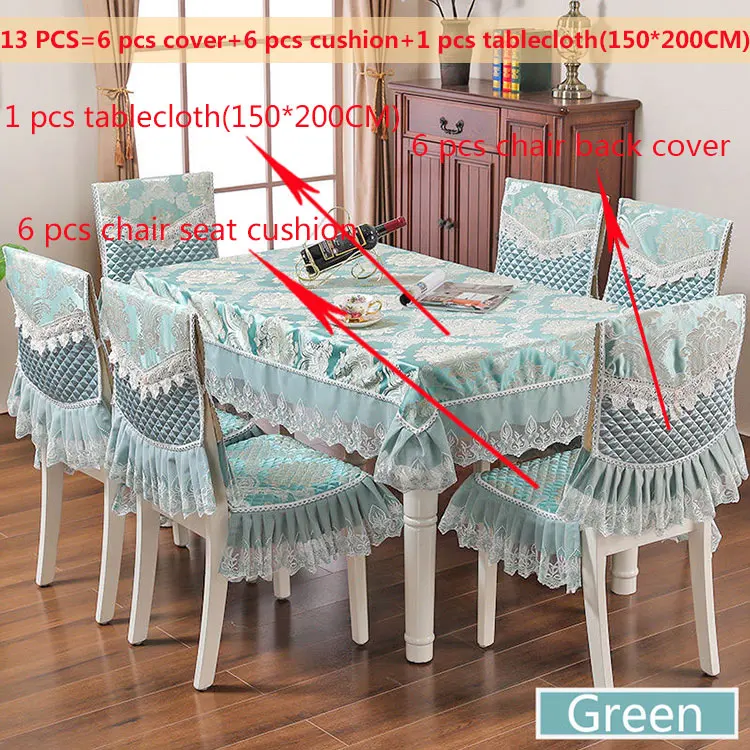 Green13pcs150x200cm Европейский кружевной пылезащитный комплект скатертей с вышивкой для банкета, прямоугольной формы, для украшения дома, для обеденного стола, чехол на спинку стула, подушка для сиденья - Цвет: Green13pcs150x200cm