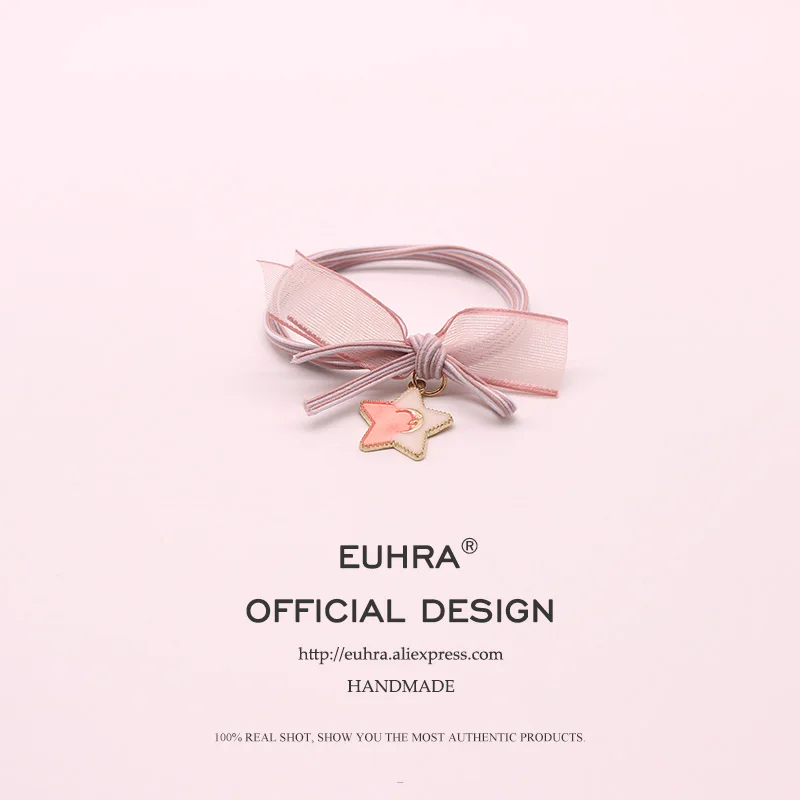 EUHRA/4 цвета, полосатая кружевная эластичная повязка для волос с милым бантиком и пятью звездами для женщин и девочек, детская резинка, дизайн