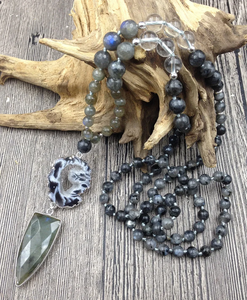 YA2791 Geode Agat e кулон из Лабрадорита камень Черные искусственные бусины узел ручная