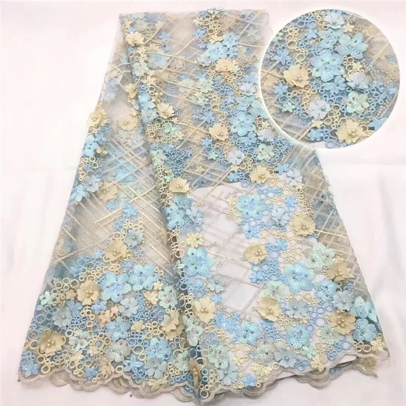 Top Quality Beaded 3D Flower African Net lace fabric 5Yards New Coming Nigerian For Wedding Dress HX1001-2 | Дом и сад