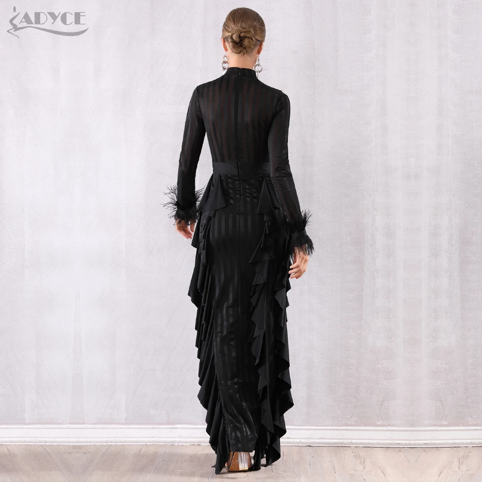 

Adyce Maxi Women Ruffles Bodycon Celebrity Party Dress Vestidos Verano 2021 Sexy Long Sleeve Lace Pearls Lace Feather Club Dress