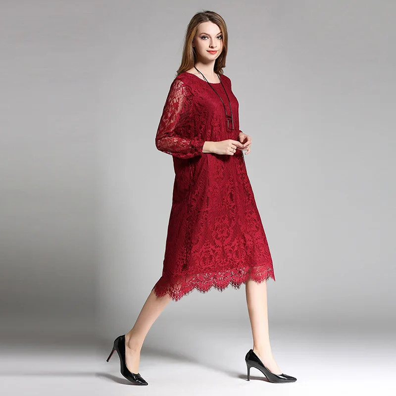 ASYMSAY European 2017 Spring Clothes New Long Lace Dress Hollow Out Embroidery Loose Plus Size Red Gray Black Dresses AC9526 | Женская
