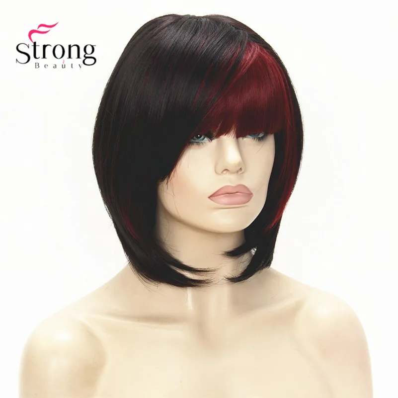 StrongBeauty короткий прямой Темно-красный выделенный Боб Стиль обметанная челка синтетический парик - Цвет: H-WG1200  HF3400
