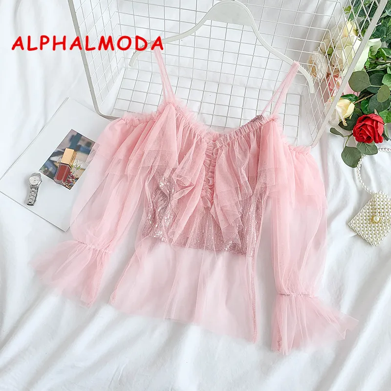 ALPHALMODA кружевная блузка с оборками + кружевной топ блестками женский сексуальный