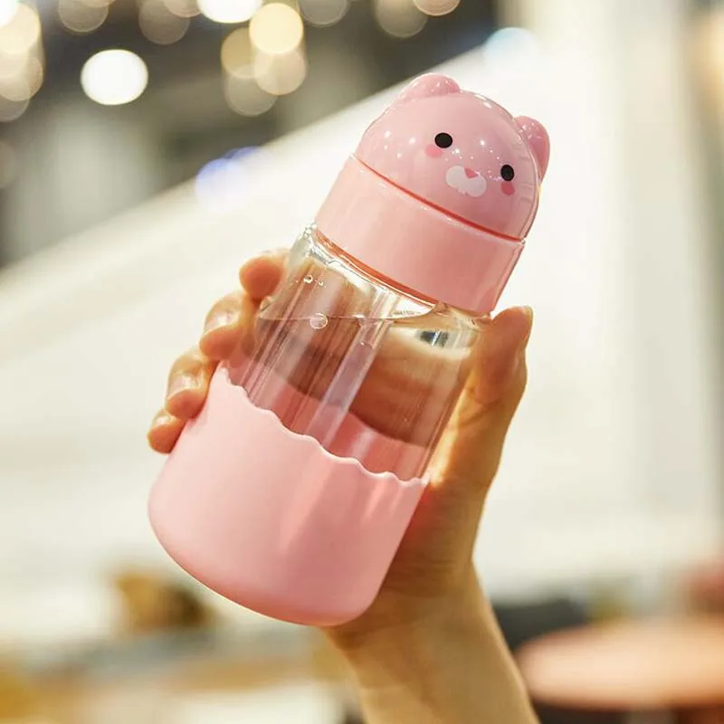 Pink Bear Детская стеклянная кружка с ремнем Питьевая чашка для воды бутылка с ремешком 320 мл Милая бутылка для тренировки сока воды для детей чашка детский подарок - Цвет: Pink Bear