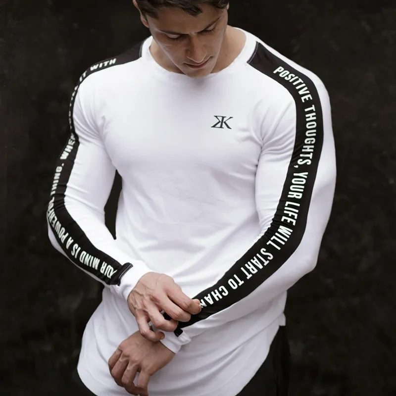Для мужчин Бодибилдинг футболка с длинным рукавом для повседневные модные