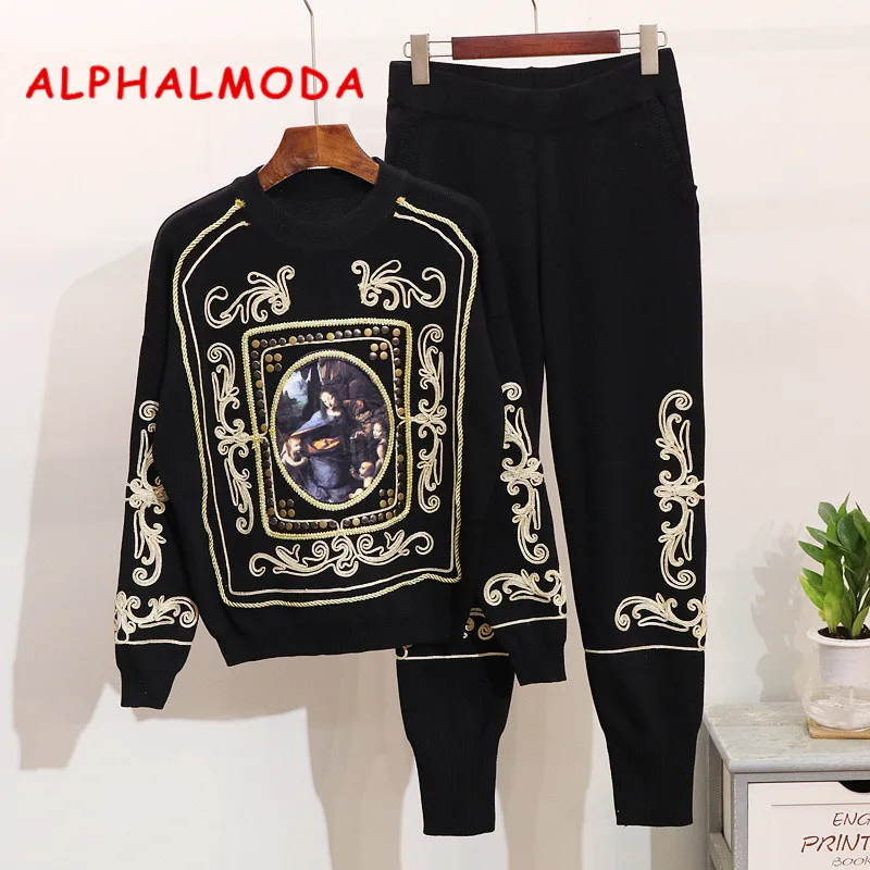 Женский трикотажный костюм ALPHALMODA с тяжелой вышивкой и бисером европейский стиль