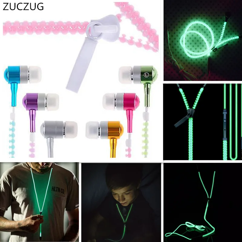 ZUCZUG Fashion Sports Earphones Headset Luminous Light Glow in the Dark Metal Zipper Earphone with Mic for Mobile Phone | Электроника