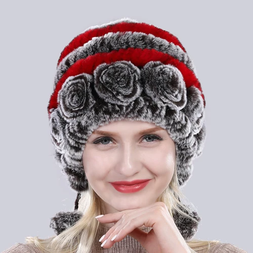 Новая зимняя Дамская вязаная Настоящий мех кролика шапка натуральные мягкие шапки из меха кролика рекс русские женские Теплые настоящие шапки из меха кролика рекс - Цвет: coffee and red