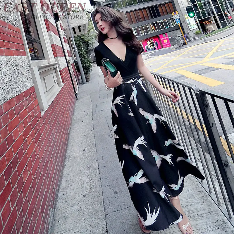 Японское платье туника с глубоким v образным вырезом Элегантное летнее пляжное