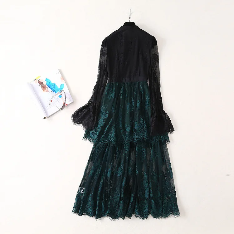 2019 Весна длинный рукав кружева Ruched Вечерние Платье черный и зеленый Лоскутная