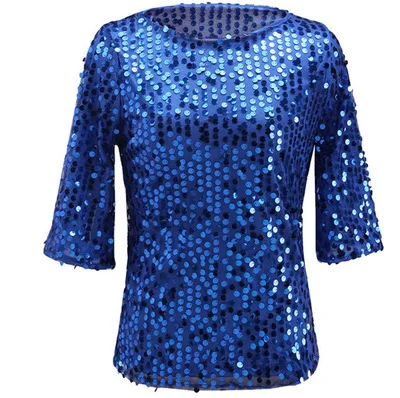 Blue 5 цветов,, короткий рукав, вырез лодочкой, блестки, сетка, сексуальный тонкий Топ, женские футболки, серебро, золото, черный, повседневные красивые топы размера плюс 4XL - Цвет: Blue