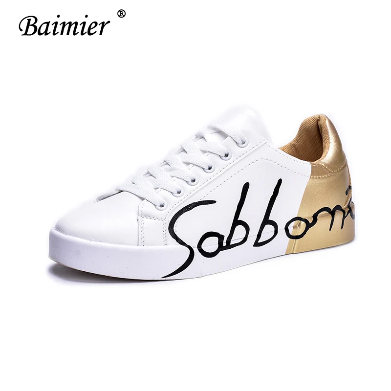 Gold Sneakers Baimier/белые женские кроссовки; неглубокие кружевные женские туфли на плоской подошве с круглым носком; обувь на платформе; женская мягкая обувь; большие размеры 41, 42, 43 - Цвет: Gold Sneakers