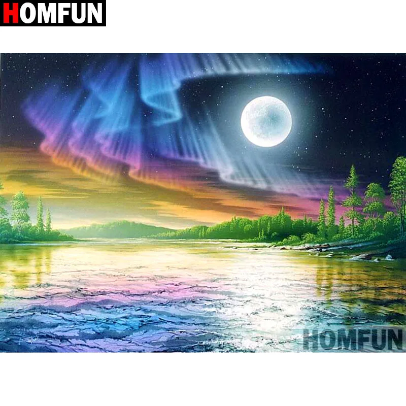 Алмазная живопись HOMFUN цветная Аврора луна 5D полноразмерная/круглая вышивка