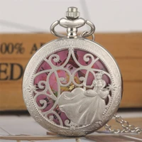 silver princess design hollow quartz pocket watch lovely pink dial roman numerals display necklace watch gifts for lady girl
