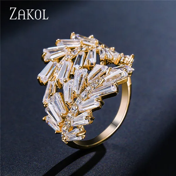ZAKOL модные стильные Открытые Кольца трапециевидной формы с фианитами и кристаллами, свадебные ювелирные изделия Anillo для женщин, девушек, вечерние, подарок FSRP225 - Цвет основного камня: Gold Color