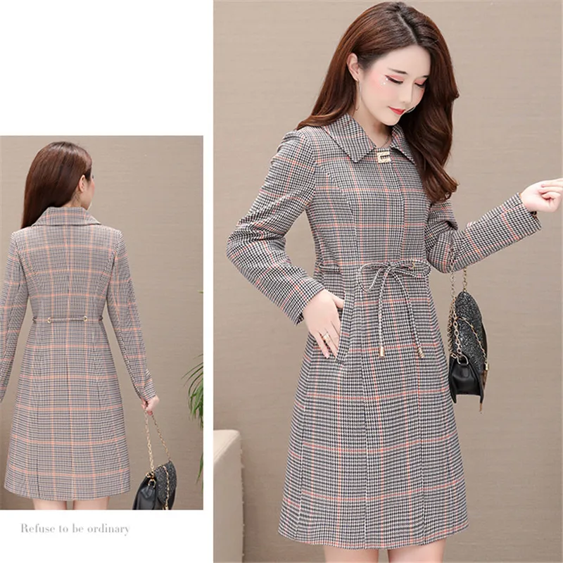 Демисезонный Для женщин ветровка 2019 новый Mid-длинные клетчатые женские пальто