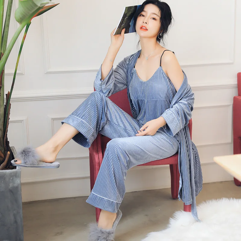 Бархатные пижамные комплекты MECHCITIZ 2019 осенне-зимний халат топ и штаны комплект из