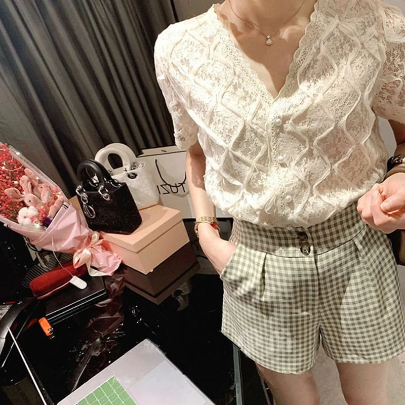 2019 Summer Women Lace Blouse Shirt Korean Spring Fashion Casual Short Sleeve Solid Beige Tops Female |