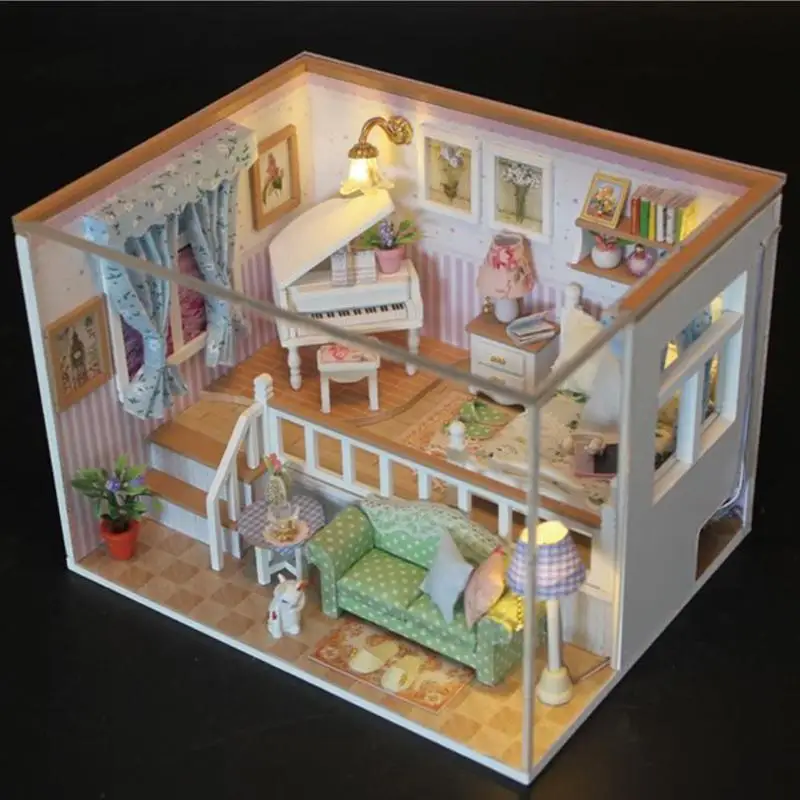 Светодиодный 3D деревянный ручной работы дом Элегантный DIY Миниатюрный Кукольный домик комплект модель с мебелью подарок на день рождения игрушки для детей