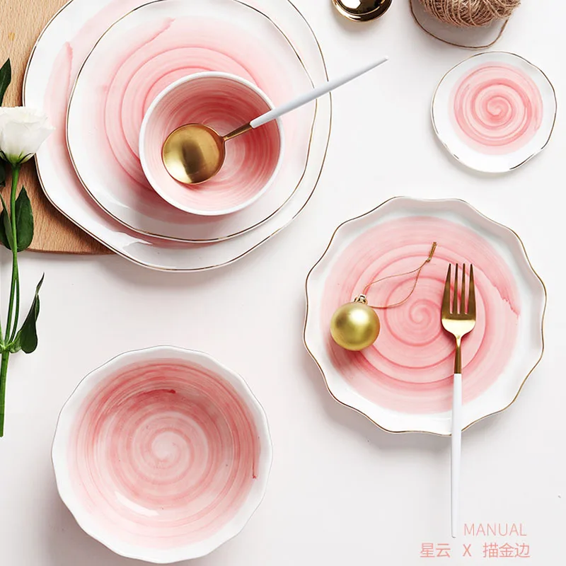 2019 столовая посуда розовая керамическая тарелка мраморная для хранения матовая